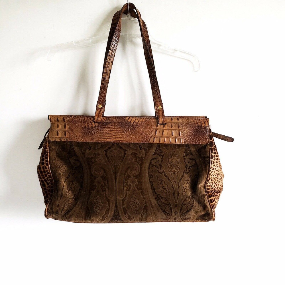 Rare Clever Carriage Company Brown Pony Hair Croc Embossed Leather Large Tote